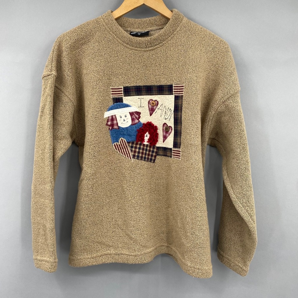 Vintage Exist Sports Line Raggedy‎ Ann Andy Patchwork Sweatshirt Tan Women's M